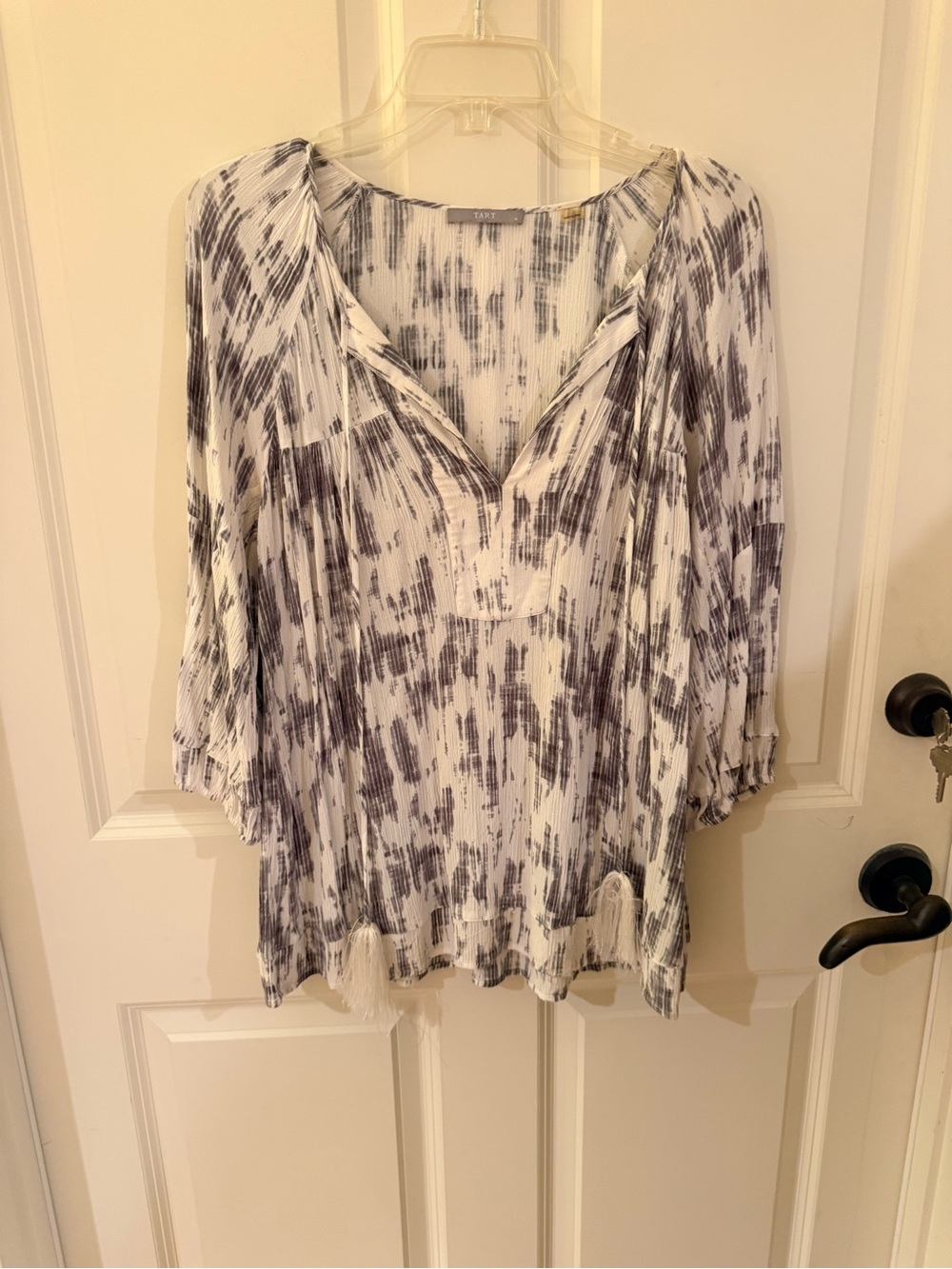 Tart Lightweight White and Gray Printed Peasant Top with tassel details